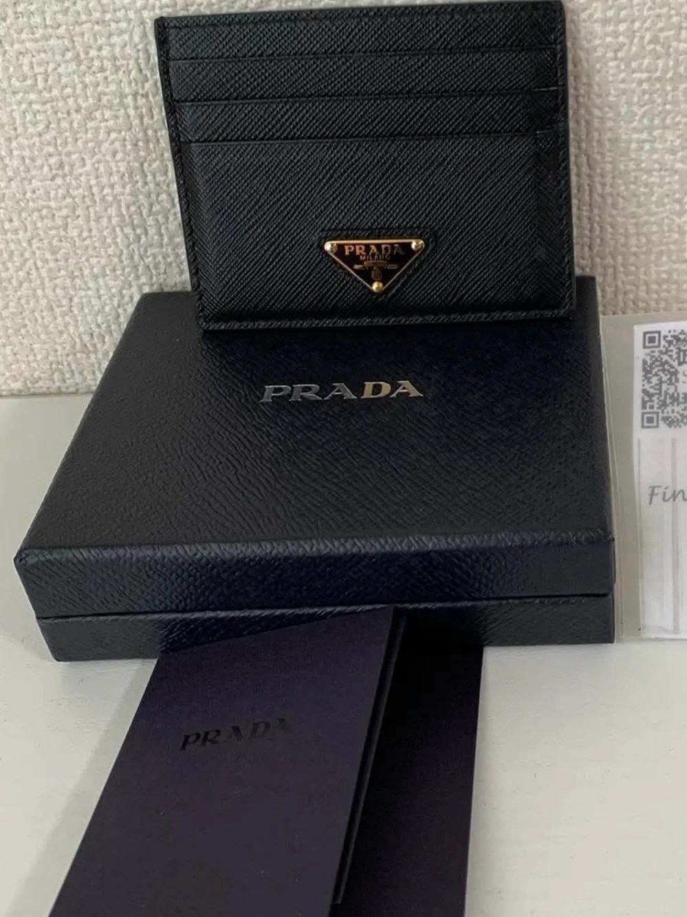 Prada Black Saffiano Leather Card Case with Gold Triangle Logo
